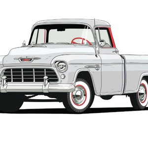 May include: A vintage silver pickup truck with a red trim around the windows and bed. The truck has a chrome bumper and grille with a Chevrolet emblem.