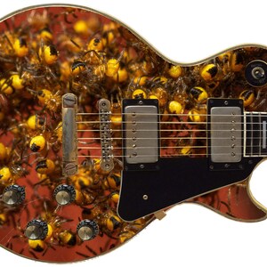 May include: A red electric guitar with a black pickguard and a unique design featuring a pattern of yellow and brown spiders. The guitar has a gold-colored hardware and a black fretboard.