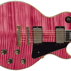 May include: A pink electric guitar with gold hardware and a black pickguard. The guitar has a wood grain finish and a single cutaway.