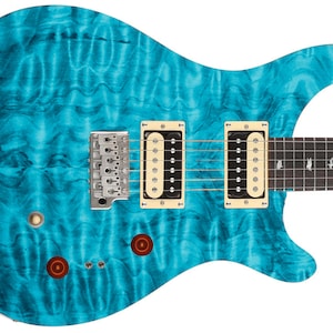 May include: A turquoise electric guitar with a figured maple top, two humbucker pickups, and a black pickguard.