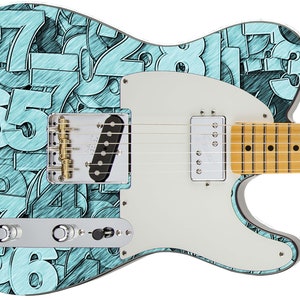 May include: A teal electric guitar with a white pickguard and a body covered in a pattern of hand-drawn numbers.