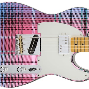 May include: Electric guitar featuring a pink, blue, and black tartan design. The guitar has a white pickguard, a maple neck, and chrome hardware. The body is a classic Telecaster shape, with a scale length of approximately 64.8 cm.