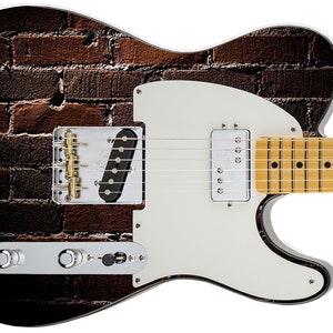 May include: A brown electric guitar with a brick pattern on the body. The guitar has a white pickguard, a single humbucker pickup, and a maple fretboard.