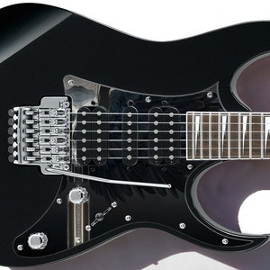 Pu&ograve; includere: Chitarra elettrica nera con un ponte argentato e hardware cromato. La chitarra ha un corpo nero con un design a piume e un battipenna nero. La chitarra ha una tastiera in palissandro con intarsi a punti bianchi.