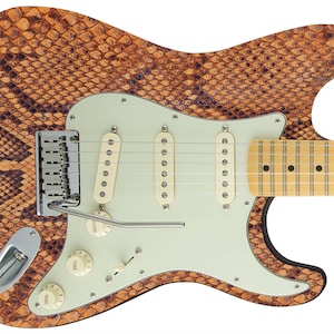 Könnte beinhalten: Eine braune und beigefarbene E-Gitarre mit Schlangenhautmuster. Die Gitarre hat ein weißes Schlagbrett mit drei Knöpfen und einer verchromten Brücke.