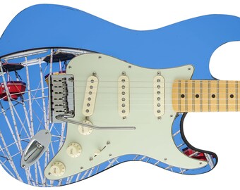 May include: A blue electric guitar with a white pickguard and a mirrored finish that reflects a Ferris wheel. The guitar has a maple neck and a rosewood fretboard.