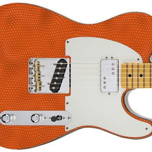 May include: Orange electric guitar with a textured finish. The guitar has a white pickguard and a maple fretboard.