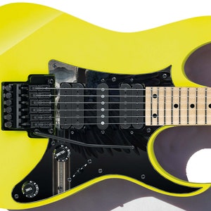 Pu&ograve; includere: Una chitarra elettrica gialla con un battipenna nero e un design di uccello bianco e nero. La chitarra ha un solo pickup humbucker e un ponte tremolo Floyd Rose.