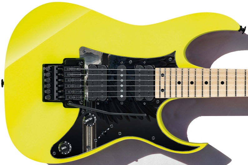 Pu&ograve; includere: Una chitarra elettrica gialla con un battipenna nero e un design di uccello bianco e nero. La chitarra ha un solo pickup humbucker e un ponte tremolo Floyd Rose.