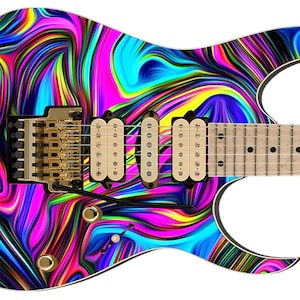 May include: A colorful electric guitar with a swirling, abstract design in shades of pink, blue, green, and yellow. The guitar has a gold-colored bridge and pick-up.
