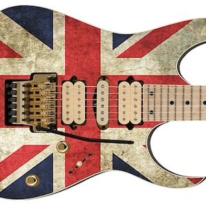 以下が含まれることがあります： 赤、白、青のユニオンジャックのデザインが施されたエレキギター。ギターは黒のボディとメイプルの指板です。