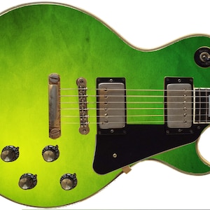 May include: A green electric guitar with a black pickguard and gold hardware. The guitar has a gradient finish that fades from a light green to a dark green.