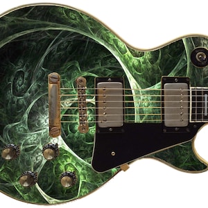 May include: A green electric guitar with a swirling, abstract design. The guitar has a black pickguard and gold hardware.