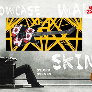 Könnte beinhalten: Eine E-Gitarre mit schwarzem Korpus und Totenkopf-Design, vor einem gelb-schwarzen geometrischen Hintergrund. Eine zweite braune Gitarre steht auf einem Ständer. Der Text "SHOWCASE" und "SKINZ" ist enthalten.
