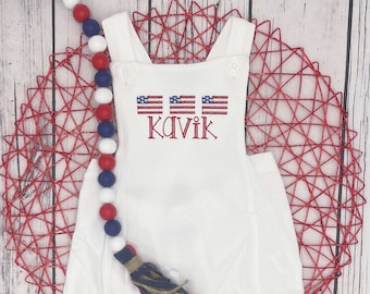 Personalized Patriotic Bubble Romper: Embroidered American Flags