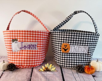 Personalized Halloween Basket: Applique Pumpkin or Ghost, Trick or Treat Bucket