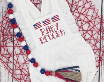 Personalized Patriotic Baby Romper: Embroidered American Flags, Ruffle Straps