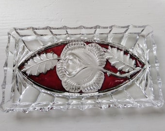 Vintage scalloped crystal plate with maroon background, Women's dressing table plate, Vintage coloured crystal plate, Vintage crystal plate