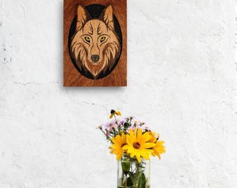 Laser Cut Wolf Head Plaque, Kona Brown Wood Stain, Night Sky Background