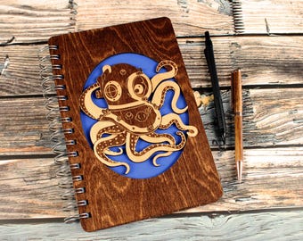 Octopus Journal, Octoput Sketchbook, Laser Cut Journal, Laser Cut Sketchbook, Wood Journal, Wood Sketchbook, Laser Cut Wood