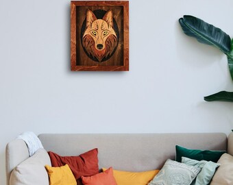 Laser Cut Wolf Head Plaque, Multi-Wood Stain, Night Sky Background