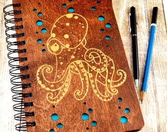 Octopus Journal, Octopus Sketchbook, Laser Cut Journal, Laser Cut Sketchbook, Wood Journal, Wood Sketchbook, Laser Cut Wood