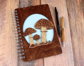 Mushroom Family Journal, Mushroom Family Sketchbook, Toadstool Mushrooms Journal,  Laser Cut Journal, Wood Sketchbook, left handed available