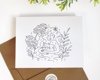 Cats & Plants Blank Illustrated Greeting Card | Envelope Included | 4.25" x 5.5" | Art Print | Cute Stationery | BeeAndAster | Bee and Aster