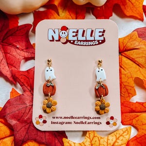 Ghost Pumpkin Sunflower Polymer Clay Earrings: Spooky Halloween Dangles