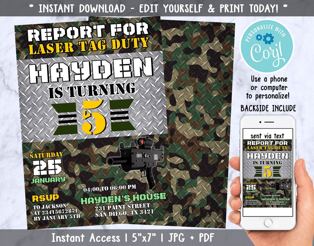 Laser Tag Birthday Party Invitation Laser Tag Invite Neon Party Invitation, Army Laser Tag