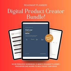 May include: Digital Product Creator Bundle! The image shows three tablets with the text "Find your perfect niche." and "Traps & Truths." The bundle includes a niche research workbook, a 6-month roadmap planner, and resources to focus ideas. The background is a gradient of orange and red.