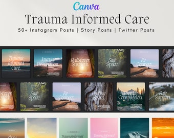 May include: A collection of 21 Canva templates for social media posts on the topic of trauma informed care. The templates feature a variety of nature scenes and inspirational text, such as "Trauma Informed Care", "Journey Destination", "Rediscover Strength", "Safe Space", "Re-Connect", "Healing Scars", "Provide Compassion", "Safe Support", "Show Compassion", "Transform Care", "Brighter Future".