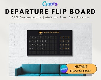 May include: A black flip board with gold lettering that says "Our Love Story" and lists important dates in a relationship, such as "First Pup", "Married", "Engaged", and "Dating". The board is hanging on a white brick wall above a teal blue couch. The text "Instant Download" is in a yellow box with a Canva logo.