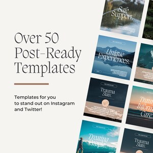 May include: A collection of social media post templates for Instagram and Twitter. The templates feature a blue and brown color scheme with text overlays that include phrases like "Safe Support", "Unique Experiences", "Trauma Stats", "Trauma Information and Care", and "Treating People".
