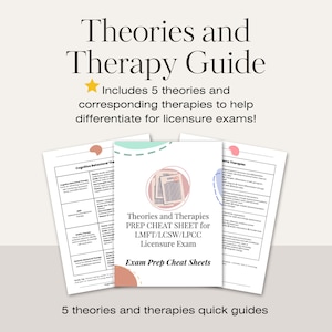 May include: A set of five exam prep cheat sheets for therapists. The cheat sheets are titled "Theories and Therapies Prep Cheat Sheet for LMFT/LCSW/LPCC Licensure Exam". Each sheet includes a different theory and corresponding therapies.