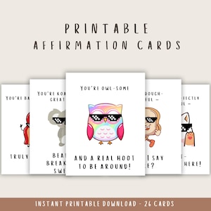 Cartões de afirmação de trocadilho | Download instantâneo | 26 Afirmações para Impressão | Afirmações credíveis com trocadilhos | Modelos de edição do Canva | Fofo e divertido |