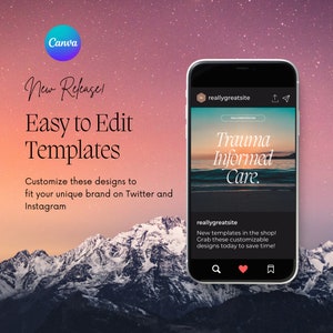 May include: A phone screen displaying a social media post with a sunset background and the text "Trauma Informed Care." The post is from the account "reallygreatsite" and includes the text "New templates in the shop! Grab these customizable designs today to save time!" The phone is in front of a mountain range with a pink and purple sky.