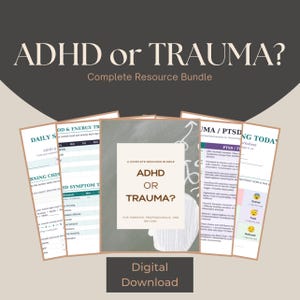 Könnte beinhalten: Ein komplettes Ressourcenpaket mit dem Titel "ADHS oder Trauma?" mit Arbeitsblättern und dem Text "Digitaler Download". Das Paket enthält tägliche Symptom-Tracker und Stimmungs- und Energie-Tracker. Auf dem Cover steht "Für Eltern, Fachleute und darüber hinaus".