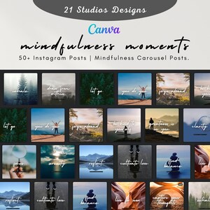May include: A collection of 21 Instagram post templates for mindfulness moments. The templates feature inspirational quotes and nature scenes. The text includes phrases like "inhale", "draw from within", "let go", "you do you", "forge ahead", "be kind to yourself", "greatness is in you", "clarity", "serenity", "reflect", "cultivate love", "find balance", "live for now", "capture your thoughts", and "exhale".