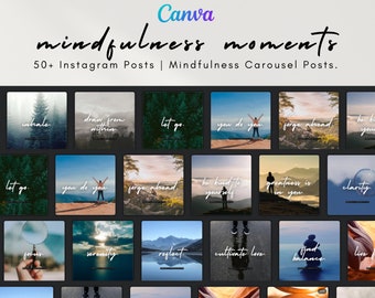 May include: A collection of 21 Instagram post templates for mindfulness moments. The templates feature inspirational quotes and nature scenes. The text includes phrases like "inhale", "draw from within", "let go", "you do you", "forge ahead", "be kind to yourself", "greatness is in you", "clarity", "serenity", "reflect", "cultivate love", "find balance", "live for now", "capture your thoughts", and "exhale".