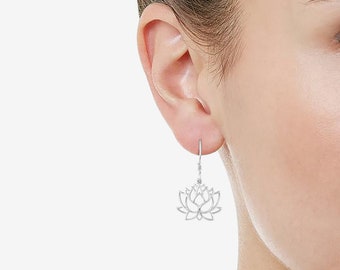Sterling Silver Lotus Flower Dangle Earrings, Yoga Jewelry