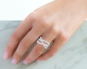 Wave Wrapped Cubic Zirconia Ring, Sterling Silver 3-Layer Band
