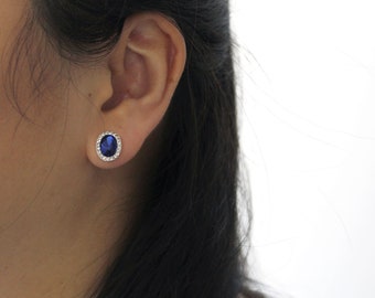 2 Cttw Blue Synthetic Sapphire & Clear Crystal Earrings set in Zinc Alloy with Plating
