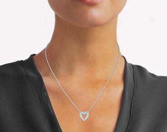 Open Heart Love Necklace Pendant in 925 Sterling Silver 1/8 Carat tw CZ