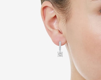Princess Cut Cubic Zirconia Drop Hoop Earrings, Sterling Silver