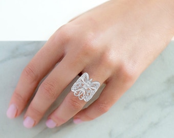 Filigree Butterfly Ring, 925 Sterling Silver, Cubic Zirconia