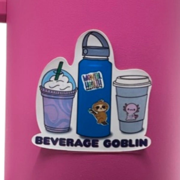Beverage Goblin Sticker! 2.5 inches high. Axolotl, Mental Health and Frappe. Water bottle, planner and computer sticker.