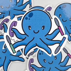 May include: A blue octopus with a smiling face holding multiple purple and pink phones. The octopus has large eyes and is drawn in a cartoon style.