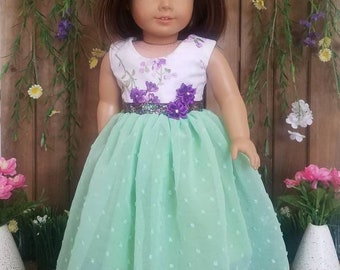 Handmade 18 Inch Doll Dress – Mint Green & Purple Floral Formal Gown – Fits American Girl Style Dolls – One of a Kind Doll Outfit