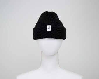 Black Knitted Fisherman Beanie, Handmade and Unisex for Winter Fashion Hat